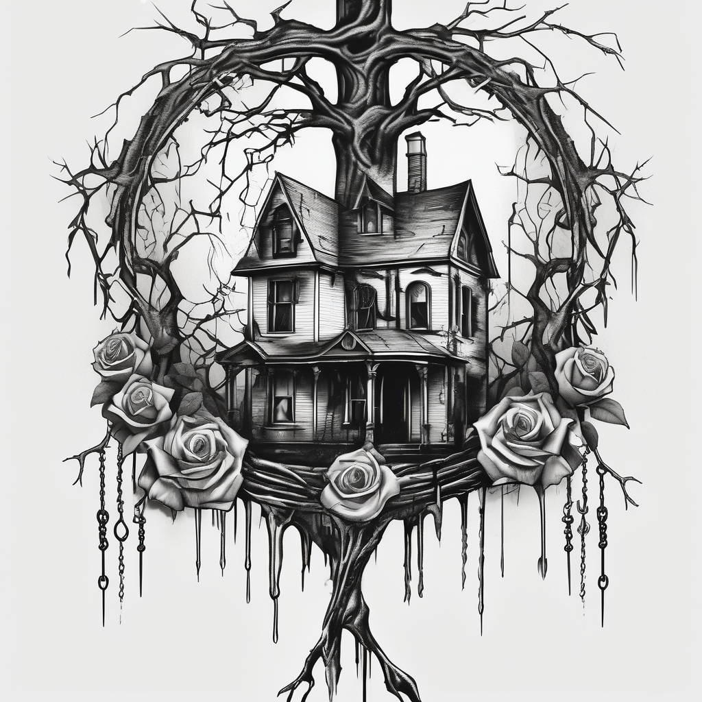 tattoo fool sleeve, old broken gothic home, broken sword, tree roots break out of the chains, roses hello kitty tattoo, design de tatouage Croquis généré par IA